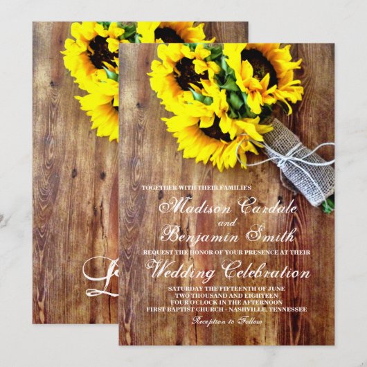 Sunflower Bouquet Rustic Country Wedding Invites Kaart (Voorkant / Achterkant)