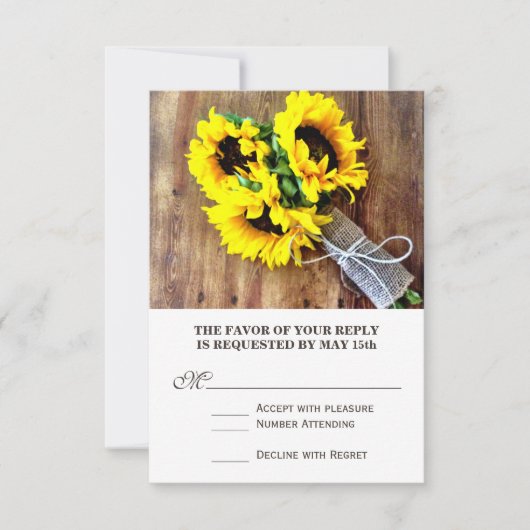 Sunflower Bouquet Rustic Country Wedding RSVP Kaartje (Voorkant)