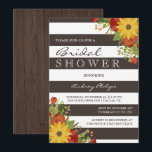 Sunflower Bouquet Rustic Vrijgezellenfeest Kaart<br><div class="desc">Rustige bloembridale doucheuitnodiging met een herfstschema van zonnebloemen en oranje en rode rozen op bruine en witte strepen.</div>