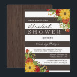 Sunflower Bouquet Rustic Vrijgezellenfeest Kaart<br><div class="desc">Rustige bloembridale doucheuitnodiging met een herfstschema van zonnebloemen en oranje en rode rozen op bruine en witte strepen.</div>