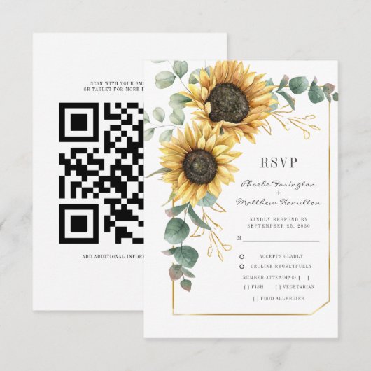 Sunflower Bright Botanical Wedding QR Code RSVP Kaartje (Voorkant / Achterkant)