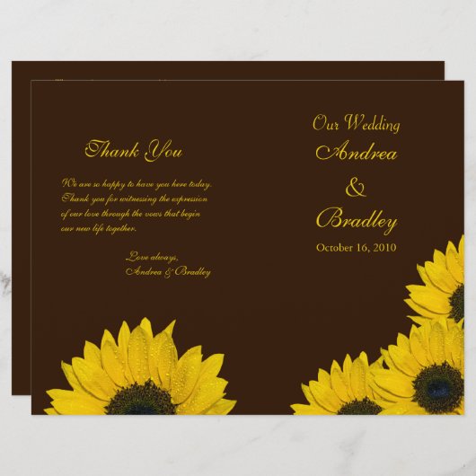 Sunflower Brown Yellow Wedding Programme (Voorkant / Achterkant)