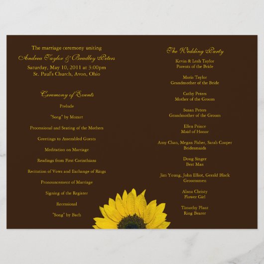 Sunflower Brown Yellow Wedding Programme (Achterkant)