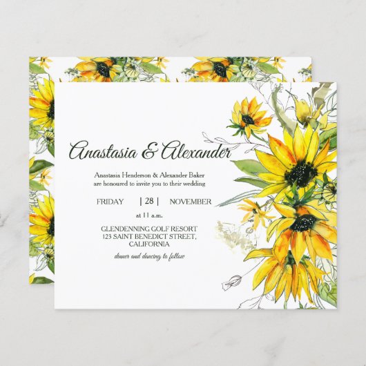 Sunflower Budget Uitnodiging tot bruiloft. (Voorkant / Achterkant)