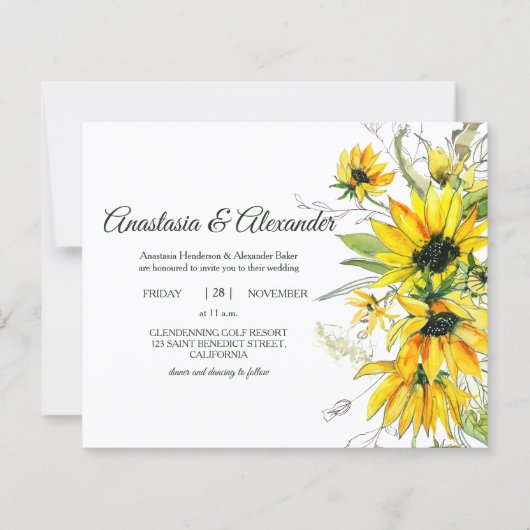 Sunflower Budget Uitnodiging tot bruiloft. (Voorkant)