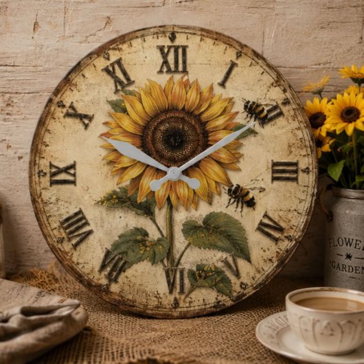 Sunflower & Bumble Bee Rustic Farmhouse Grote Klok