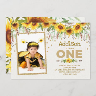 Sunflower Bumblebee First 1e Birthday Invitation Kaart
