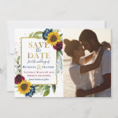 Sunflower Burgundy Blue Floral Foto Save the Date (Voorkant)