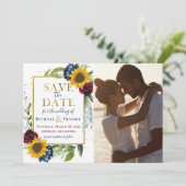 Sunflower Burgundy Blue Floral Foto Save the Date (Staand voorkant)