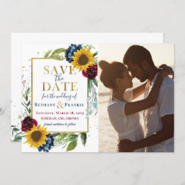 Sunflower Burgundy Blue Floral Foto Save the Date