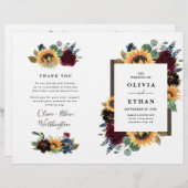 Sunflower Burgundy Blue Folded Wedding Programs (Voorkant / Achterkant)