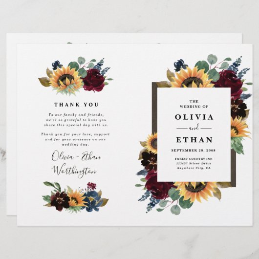Sunflower Burgundy Blue Folded Wedding Programs (Voorkant / Achterkant)