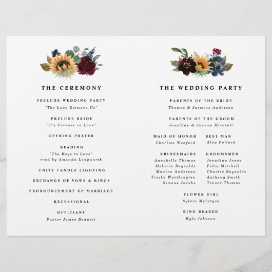 Sunflower Burgundy Blue Folded Wedding Programs (Achterkant)