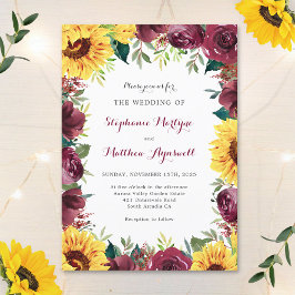 Sunflower Burgundy Floral Border Fall Wedding Kaart