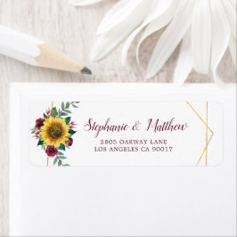 Sunflower Burgundy Floral Geometric Gold Address Etiket