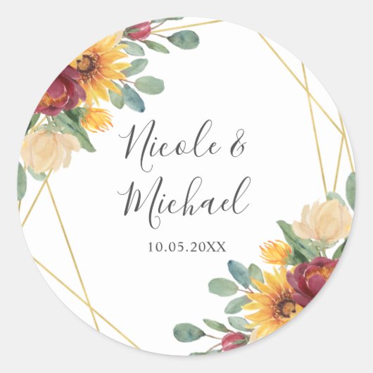 Sunflower Burgundy Floral Gold Geometric Wedding Ronde Sticker (Voorkant)