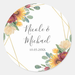 Sunflower Burgundy Floral Gold Geometric Wedding Ronde Sticker