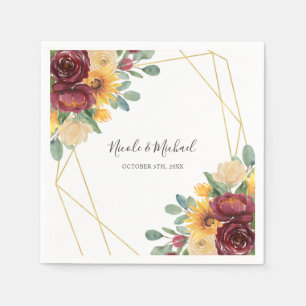 Sunflower Burgundy Floral Gold Geometric Wedding Servet