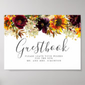 Sunflower Burgundy Floral Wedding Guestbook Sign Poster (Voorkant)