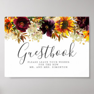Sunflower Burgundy Floral Wedding Guestbook Sign Poster