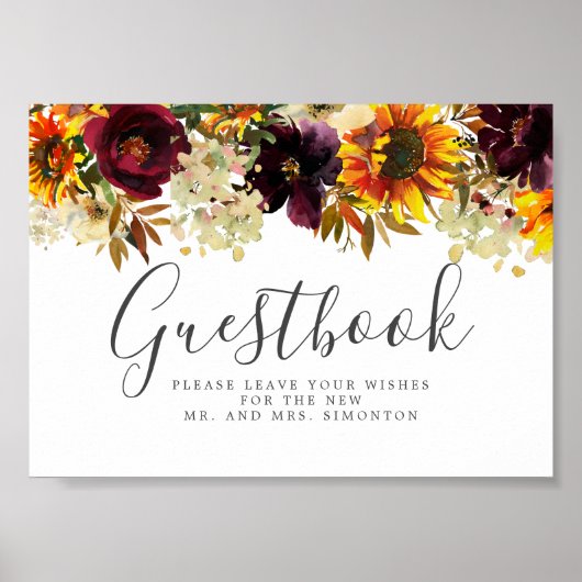 Sunflower Burgundy Floral Wedding Guestbook Sign Poster (Voorkant)