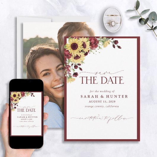 Sunflower Burgundy Floral Wedding Save the Date