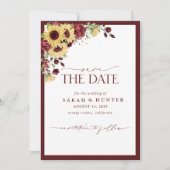 Sunflower Burgundy Floral Wedding Save the Date (Voorkant)
