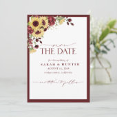 Sunflower Burgundy Floral Wedding Save the Date (Staand voorkant)