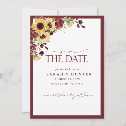 Sunflower Burgundy Foto Weddenschap bespaart datum Save The Date (Voorkant)