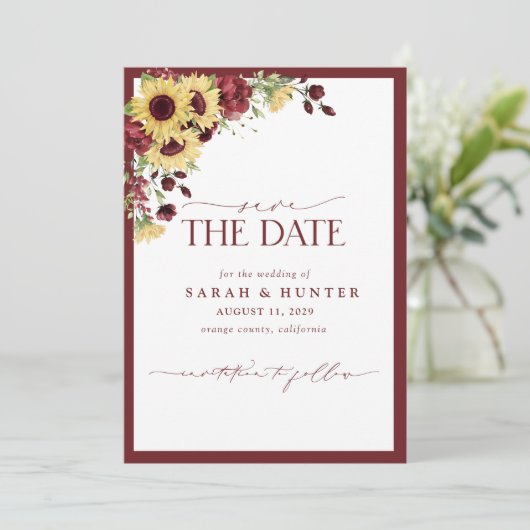 Sunflower Burgundy Foto Weddenschap bespaart datum Save The Date (Staand voorkant)