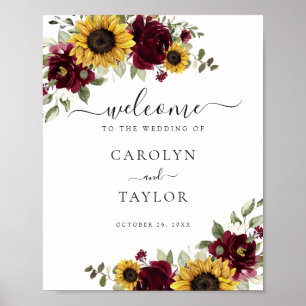 Sunflower Burgundy Greenery Wedding Welcome Sign Poster