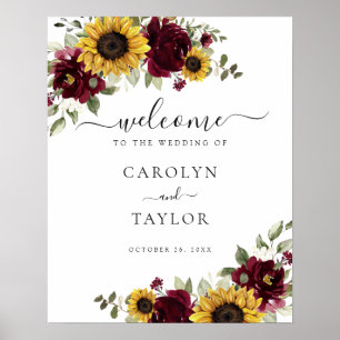 Sunflower Burgundy Greenery Wedding Welcome Sign Poster