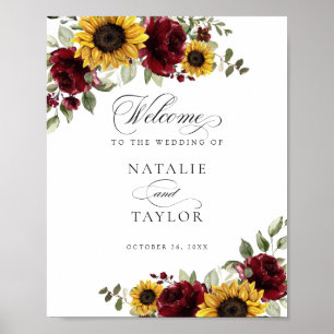 Sunflower Burgundy Greenery Wedding Welcome Sign Poster
