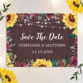 Sunflower Burgundy Lights Wood Weddenschap Save The Date