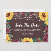 Sunflower Burgundy Lights Wood Weddenschap Save The Date (Voorkant)