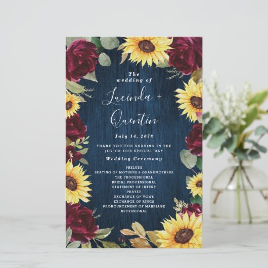 Sunflower Burgundy Navy Blue Wedding Programs (Staand voorkant)