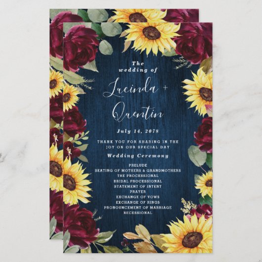 Sunflower Burgundy Navy Blue Wedding Programs (Voorkant / Achterkant)