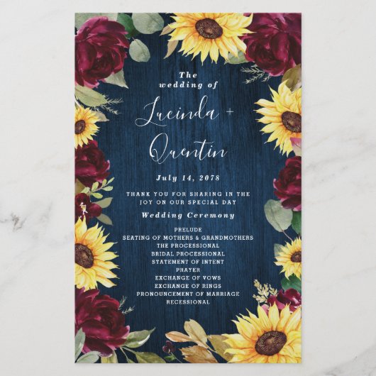 Sunflower Burgundy Navy Blue Wedding Programs (Voorkant)