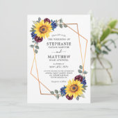 Sunflower Burgundy Navy Floral Geometric Wedding Kaart (Staand voorkant)
