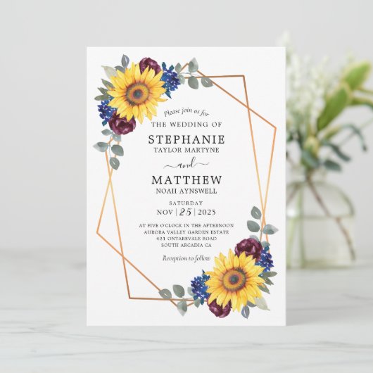 Sunflower Burgundy Navy Floral Geometric Wedding Kaart (Staand voorkant)