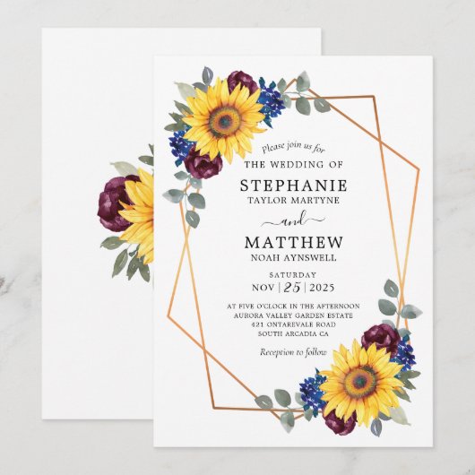 Sunflower Burgundy Navy Floral Geometric Wedding Kaart (Voorkant / Achterkant)