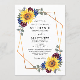 Sunflower Burgundy Navy Floral Geometric Wedding Kaart