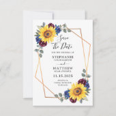 Sunflower Burgundy Navy Floral Geometric Wedding Save The Date (Voorkant)