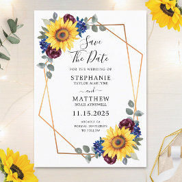 Sunflower Burgundy Navy Floral Geometric Wedding Save The Date