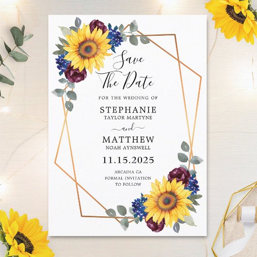 Sunflower Burgundy Navy Floral Geometric Wedding Save The Date