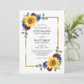 Sunflower Burgundy Navy Floral Gold Border Weduwen Kaart (Staand voorkant)