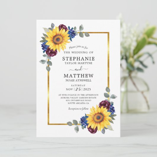 Sunflower Burgundy Navy Floral Gold Border Weduwen Kaart (Staand voorkant)