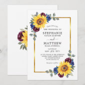 Sunflower Burgundy Navy Floral Gold Border Weduwen Kaart (Voorkant / Achterkant)