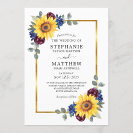 Sunflower Burgundy Navy Floral Gold Border Weduwen Kaart