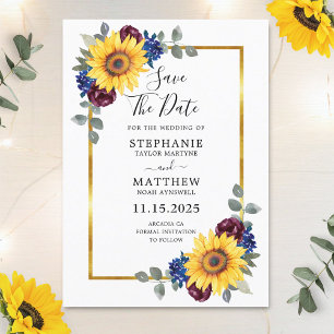 Sunflower Burgundy Navy Floral Gold Border Weduwen Save The Date